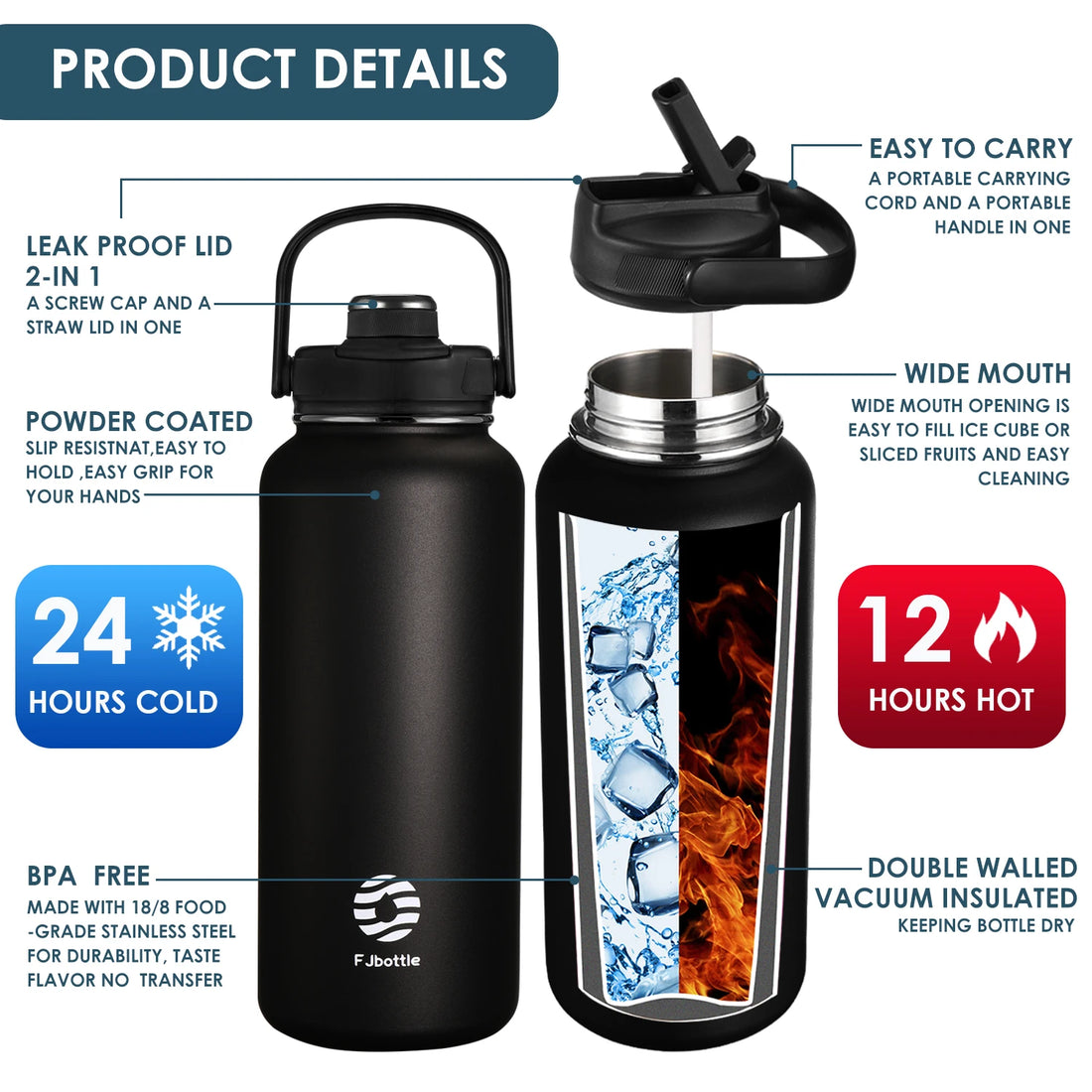 Bouteille Thermos pour Enfants "FEIJIAN" avec Paille - 950/1200 ml, Acier Inoxydable, Isolation 24h