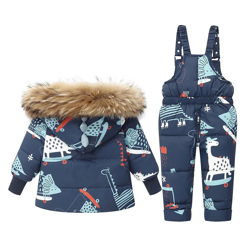 Ensemble d'Hiver Enfant - Doudoune et Salopette Imprimé Dinosaure, Mixte, 4-6 Ans